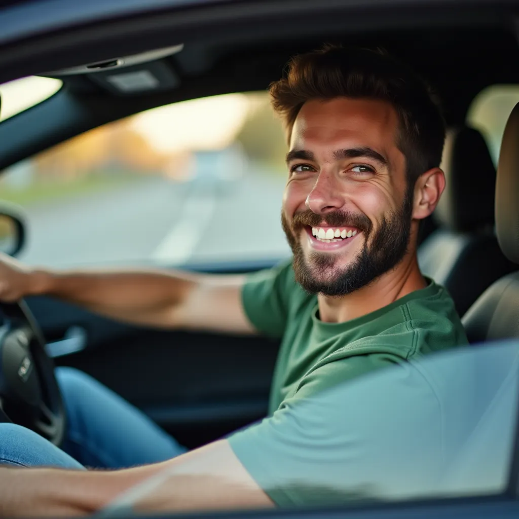 Conductor sonriente al volante despues de renovar su carnet de conducir con exito