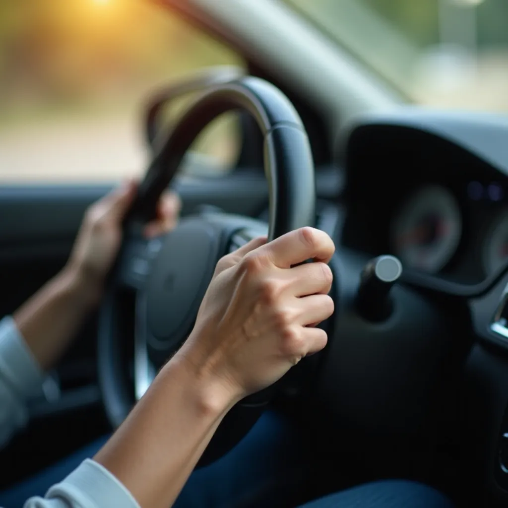 Manos de conductora en volante representando seguridad al conducir