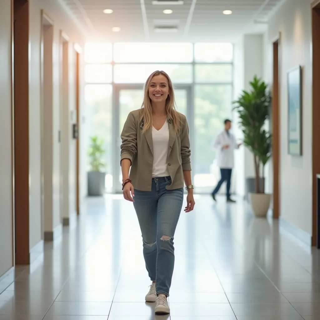 Persona llegando con actitud positiva a centro de reconocimiento medico para renovacion de carnet de conducir