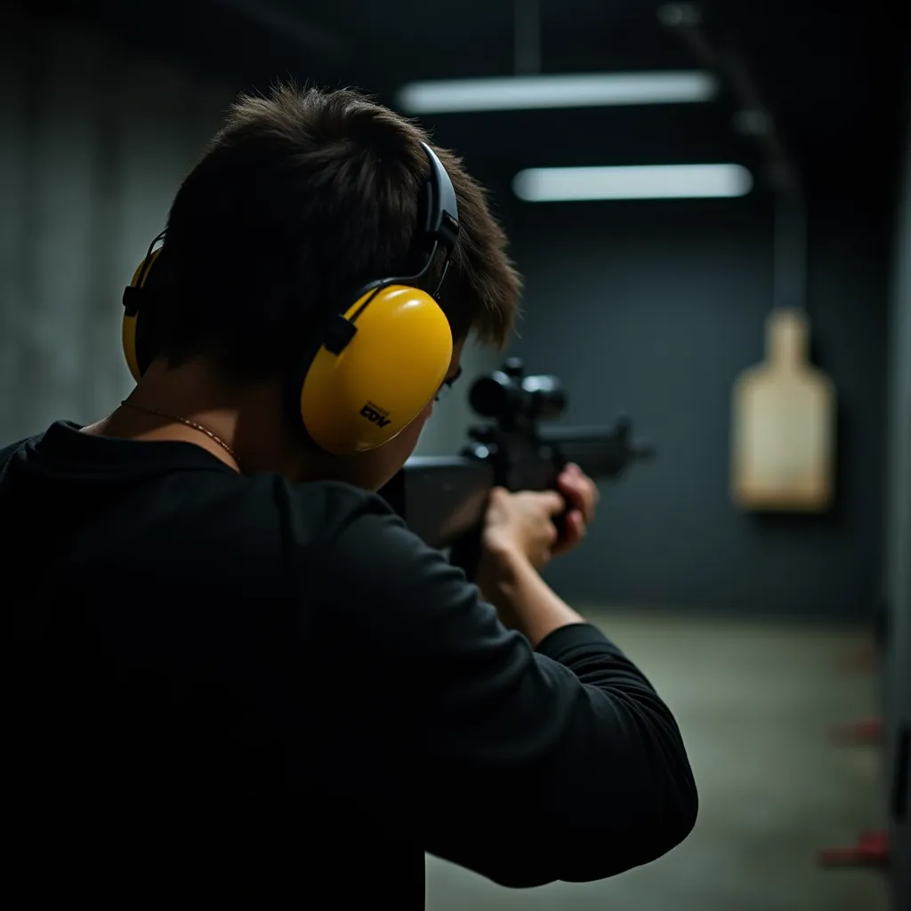 Persona practicando tiro con protección auditiva adecuada para certificado de licencia de armas