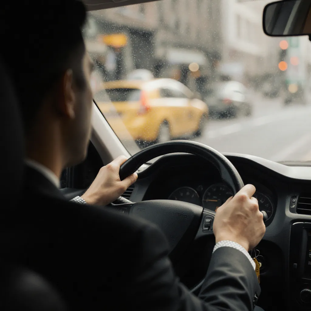 Conductor profesional al volante en entorno urbano, imagen de apoyo para licencias taxi Grupo 2.